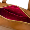 Interior view of Luxury Leather Shoulder Bag showcasing rich red lining and detailed stitching.