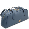 Luxury Leather Shoulder Bag in denim with gold zipper and handles for stylish daily use.