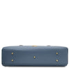 Luxury Leather Shoulder Bag in denim, showcasing bottom design with gold studs and logo detail.