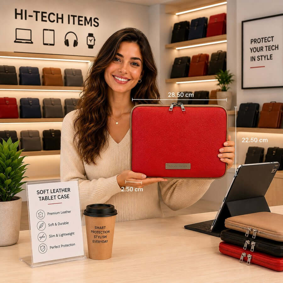 Woman holding a lipstick red soft leather tablet case in a technology store