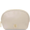 Luxury Soft Leather Toiletry Case in soft beige with gold-tone zipper and logo