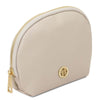 Luxury Soft Leather Toiletry Case in soft beige pebble leather with gold-tone zipper and logo.