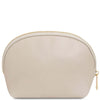 Luxury Soft Leather Toiletry Case in soft beige pebbled leather with gold-tone zipper.