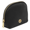 Womens Leather Shopping Bag and Toiletry Bag Set - black pebbled leather toiletry bag with gold zipper and logo.