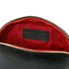 Womens Leather Shopping Bag and Toiletry Bag Set interior view with red lining and black leather zipper pocket.