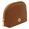 Luxury Soft Leather Toiletry Case in cognac with gold-tone zipper and logo, perfect for travel and organization.