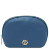 Womens Leather Shopping Bag and Toiletry Bag Set, denim leather toiletry bag with gold logo and zipper.