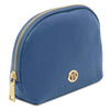 Luxury Soft Leather Toiletry Case in elegant denim with gold-tone zipper and polished logo detail.