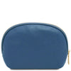 Luxury Soft Leather Toiletry Case in denim pebbled leather with gold-toned zipper for elegant storage.