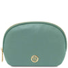 Luxury Soft Leather Toiletry Case in soft green pebbled leather with gold-tone zip closure.
