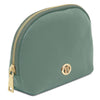 Luxury Soft Leather Toiletry Case in green with gold-tone zipper and logo detailing.