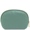 Luxury Soft Leather Toiletry Case in mint green with gold-tone zipper closure.