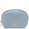 Luxury Soft Leather Toiletry Case in soft light blue pebbled leather with gold-tone zipper and embossed logo.