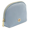 Luxury Soft Leather Toiletry Case in soft light blue pebbled leather with gold-tone zipper and logo detail.
