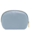 Luxury Soft Leather Toiletry Case in soft light blue pebbled leather with gold-tone zipper for stylish organization.