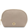 Womens Leather Shopping Bag and Toiletry Bag Set - elegant light taupe leather toiletry bag with a zipper and logo