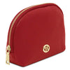 Luxury Soft Leather Toiletry Case in lipstick red with gold-tone zipper and logo detail.
