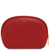 Luxury Soft Leather Toiletry Case in red pebbled leather with gold-tone zipper, perfect for travel and organization.