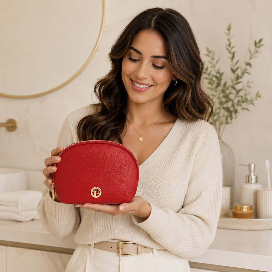Woman holding a lipstick red luxury soft leather toiletry case as a birthday gift for her