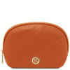 Luxury Soft Leather Toiletry Case in orange pebbled leather with gold-tone accents and zipper closure.