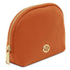 Luxury Soft Leather Toiletry Case in orange with gold-tone zipper and logo