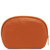 Luxury Soft Leather Toiletry Case in vibrant orange pebbled leather with gold-tone zipper detail.
