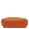 Luxury Soft Leather Toiletry Case in vibrant orange pebbled leather, showcasing its refined design and spacious bottom view.