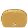Luxury Soft Leather Toiletry Case in a vibrant pastel yellow color with gold-tone zipper and logo detail.