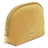Luxury Soft Leather Toiletry Case in gold-tone pebbled leather with zipper closure and polished logo detail.