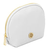 Luxury Soft Leather Toiletry Case in white with gold-tone zipper and logo, perfect for travel and organization.