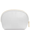 Luxury Soft Leather Toiletry Case in white with gold-tone zipper, perfect for travel and organization.