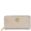 Luxury Zip Around Leather Wallet in pebbled leather with gold logo and zip closure