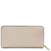 Luxury Zip Around Leather Wallet in pebbled leather with gold zip closure and structured design.