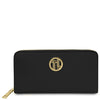 Luxury Zip Around Leather Wallet in black leather with gold logo and zip closure.