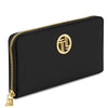 Luxury Zip Around Leather Wallet in black pebbled leather with gold zip and logo detail.