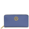 Luxury Zip Around Leather Wallet in pebbled blue leather with gold-tone logo and zip closure.