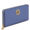 Luxury Zip Around Leather Wallet in blue with gold logo and zip closure.