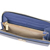 Luxury Zip Around Leather Wallet interior view with compartments and zip pocket in blue leather.