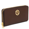 Luxury Zip Around Leather Wallet in rich coffee pebbled leather with gold logo and zip closure.