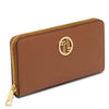 Leather Shoulder Bag and Zip Around Wallet Set showcasing a premium pebbled leather wallet with gold zipper and logo.