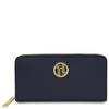 Luxury Zip Around Leather Wallet in dark blue pebbled leather with gold logo and zip-around closure.