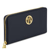 Luxury Zip Around Leather Wallet in dark blue with gold logo and zip-around closure