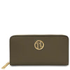 Luxury Zip Around Leather Wallet in forest green with gold hardware and logo detail