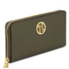 Luxury Zip Around Leather Wallet in forest green with gold zipper and emblem