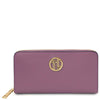 Luxury Zip Around Leather Wallet in lilac with gold logo and zip closure design