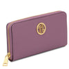 Luxury Zip Around Leather Wallet in pebbled lilac leather with gold-tone logo and zip closure.