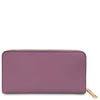 Luxury Zip Around Leather Wallet in pebbled lilac leather with gold zipper detail.