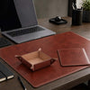 Luxury Leather Desk Set featuring a leather desk pad, mouse pad, and valet tray on a stylish office desk.