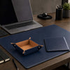 Luxury Leather Desk Set featuring a leather desk pad, mouse pad and valet tray on a modern office desk.