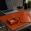 Luxury Leather Desk Set featuring a leather desk pad, valet tray, and mouse pad on a stylish office desk.